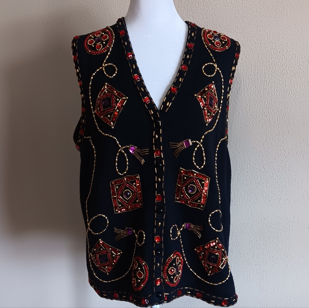1997 Beaded Knit Sweater Vest Claudia D, Artsy Dark 90s Boho Large, Ugly Holiday